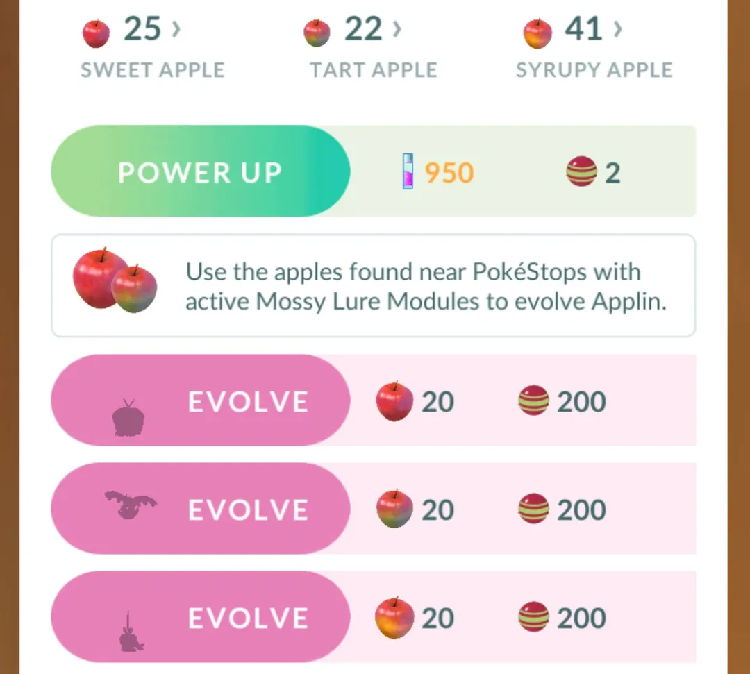 Applin's Pokémon screen in Pokémon GO showing three Evolve buttons, each costing 20 apples and 200 Applin Candy, with Sweet, Tart, and Syrupy Apple counts above