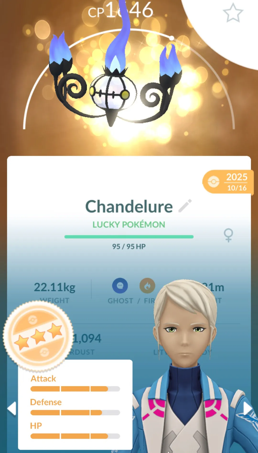 In-game appraisal of a three-star Lucky Chandelure showing its Ghost / Fire typing and Attack, Defense and HP bars just short of full