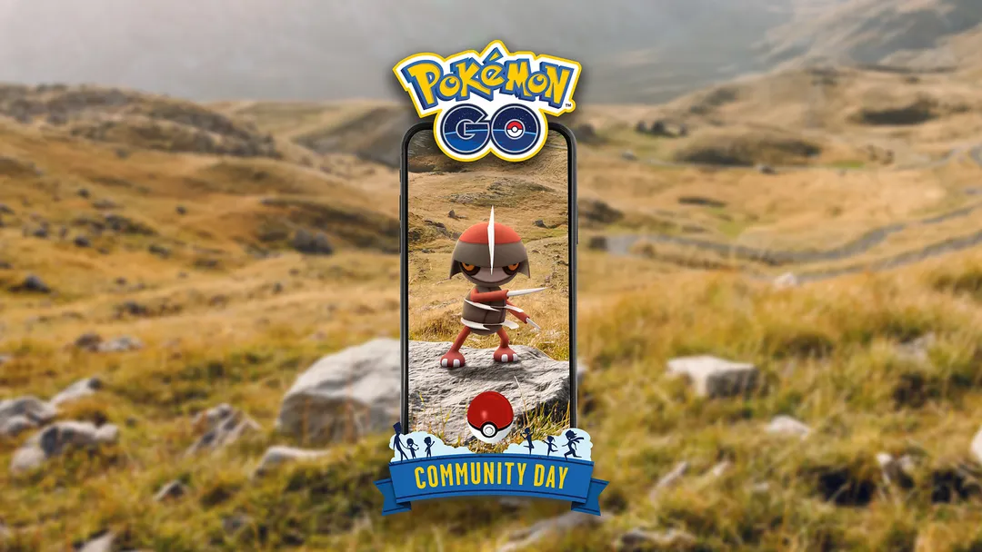 Pokémon GO Community Day official artwork showing Pawniard standing on a rock on a grassy hillside, framed in a phone screen