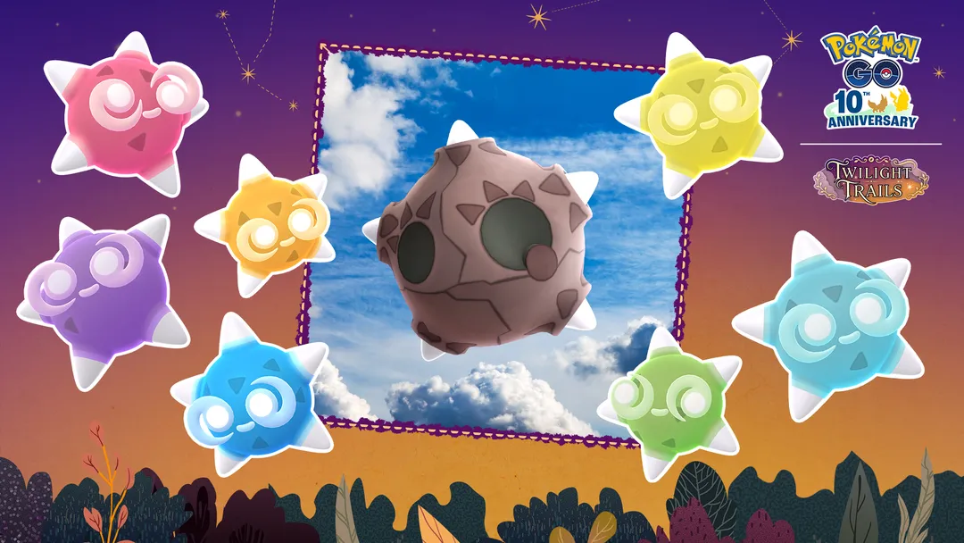 Pokémon GO Minior in its brown Meteor Form at the center, surrounded by its seven colored cores: red, orange, yellow, green, blue, indigo, and violet