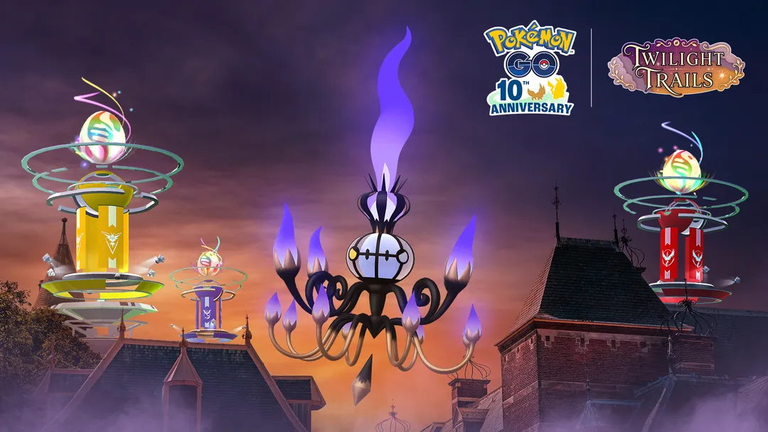 Chandelure Super Mega Raid Day official artwork showing Chandelure above Gyms with Super Mega Raid eggs at dusk