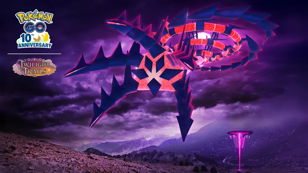 Official Pokémon GO artwork of Eternamax Eternatus towering over a purple stormy landscape beside a Power Spot, with the Pokémon GO 10th Anniversary and Twilight Trails logos