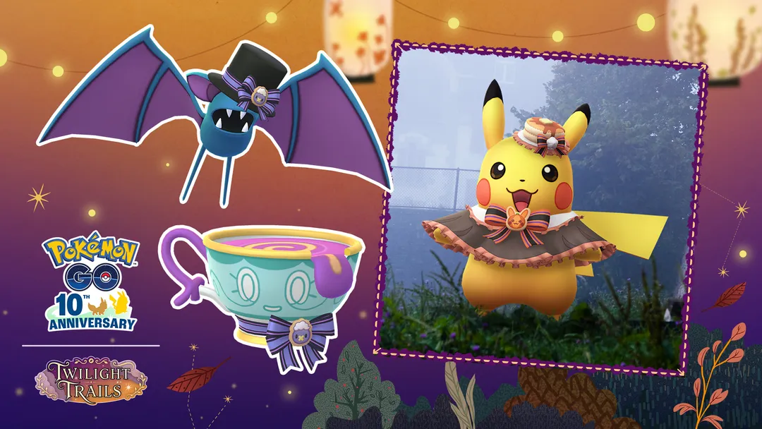 Halloween 2026 official artwork showing Zubat wearing a top hat, Sinistea wearing a bow, and Pikachu wearing a hat and capelet in a fog-covered park