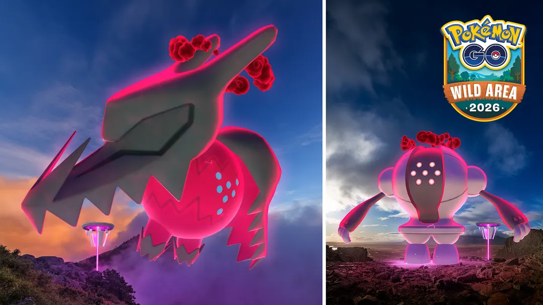 Pokémon GO Wild Area 2026 official artwork showing Dynamax Regidrago and Dynamax Registeel glowing red above Power Spots