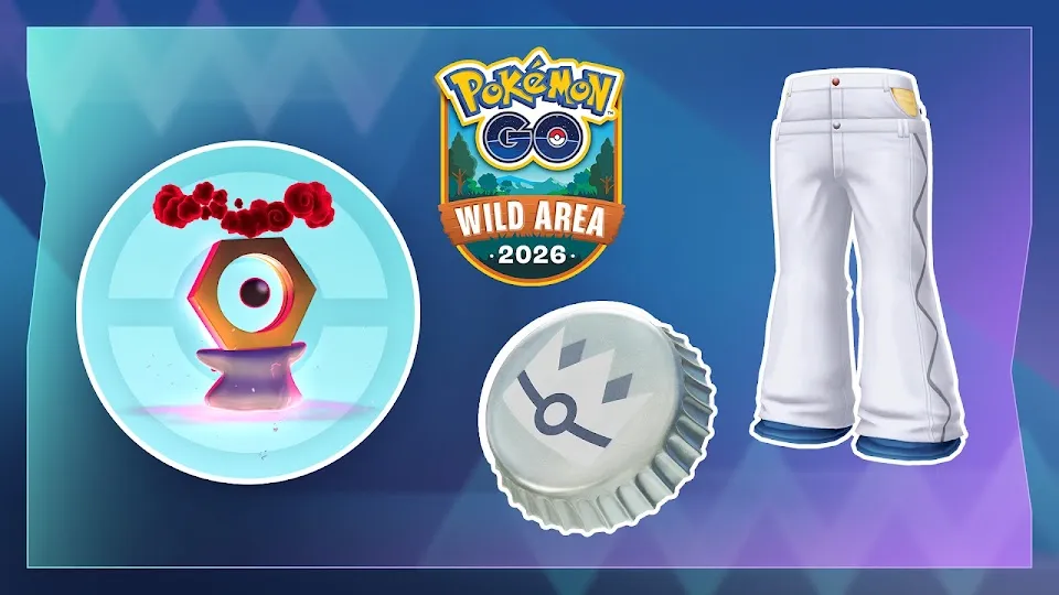 Pokémon GO Wild Area 2026 GO Pass Deluxe rewards artwork showing Meltan, the Silver Bottle Cap, and white Duraludon Pants