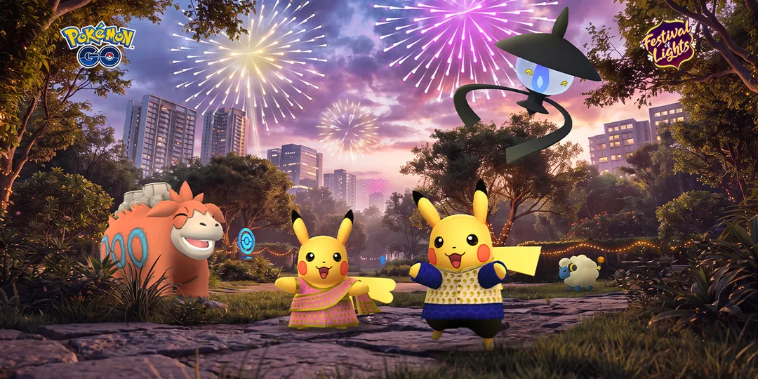 Festival of Lights official artwork showing Pikachu wearing a saree, Pikachu wearing a kurta, Camerupt, Lampent, and Mareep under fireworks