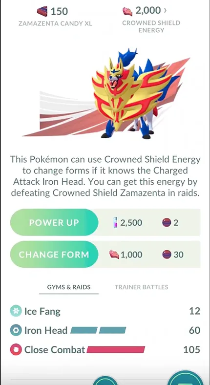 In-game Zamazenta screen reading: this Pokémon can use Crowned Shield Energy to change forms if it knows the Charged Attack Iron Head, with a Change Form cost of 1,000 Crowned Shield Energy and Iron Head listed under its Charged Attacks