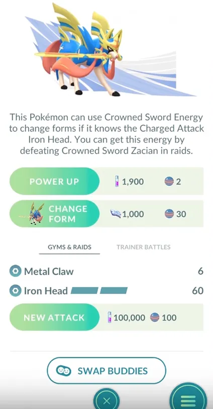 In-game Zacian screen reading: this Pokémon can use Crowned Sword Energy to change forms if it knows the Charged Attack Iron Head, with a Change Form cost of 1,000 Crowned Sword Energy and Iron Head listed under its Charged Attacks
