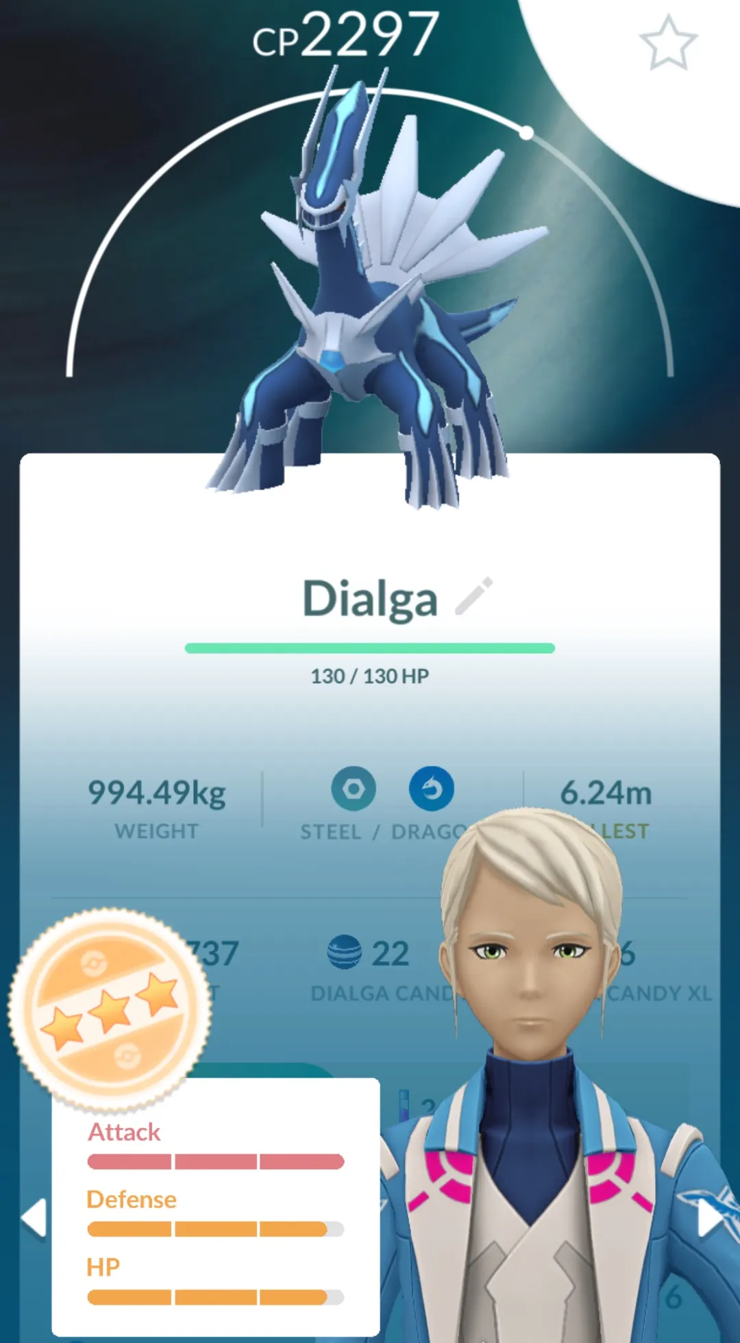 In-game appraisal of a three-star Dialga at CP 2297 with full Attack and nearly full Defense and HP bars