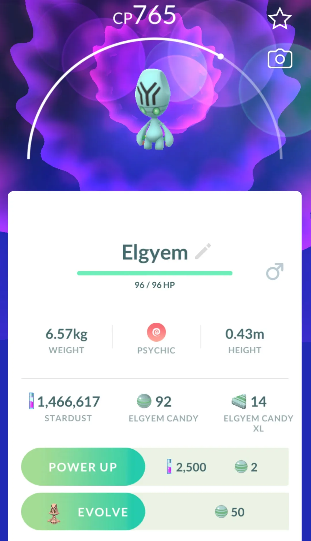 Pokémon GO detail screen for an Elgyem showing the Evolve button with a cost of 50 Elgyem Candy