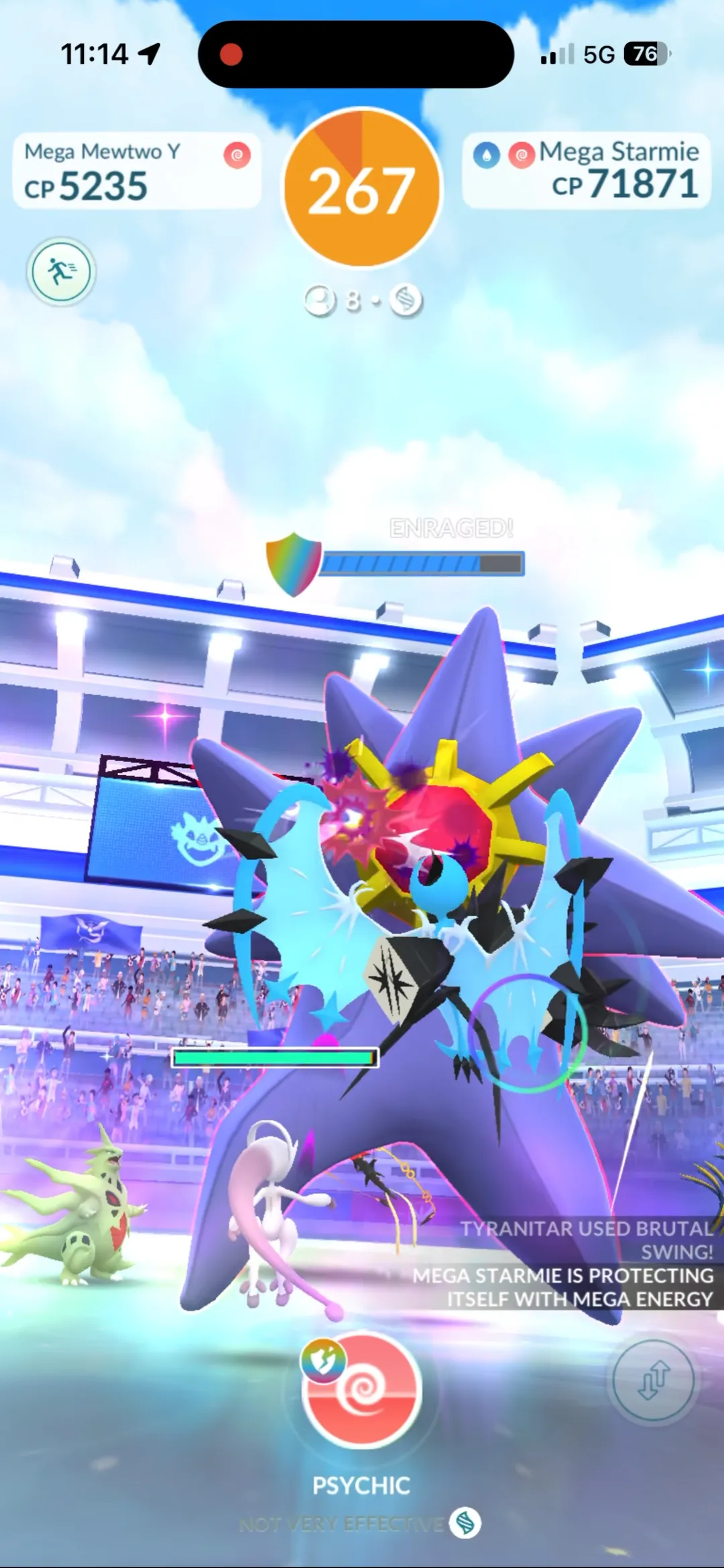 Mega Starmie enraged with a shield bar appearing on screen and the message Mega Starmie is protecting itself with Mega Energy