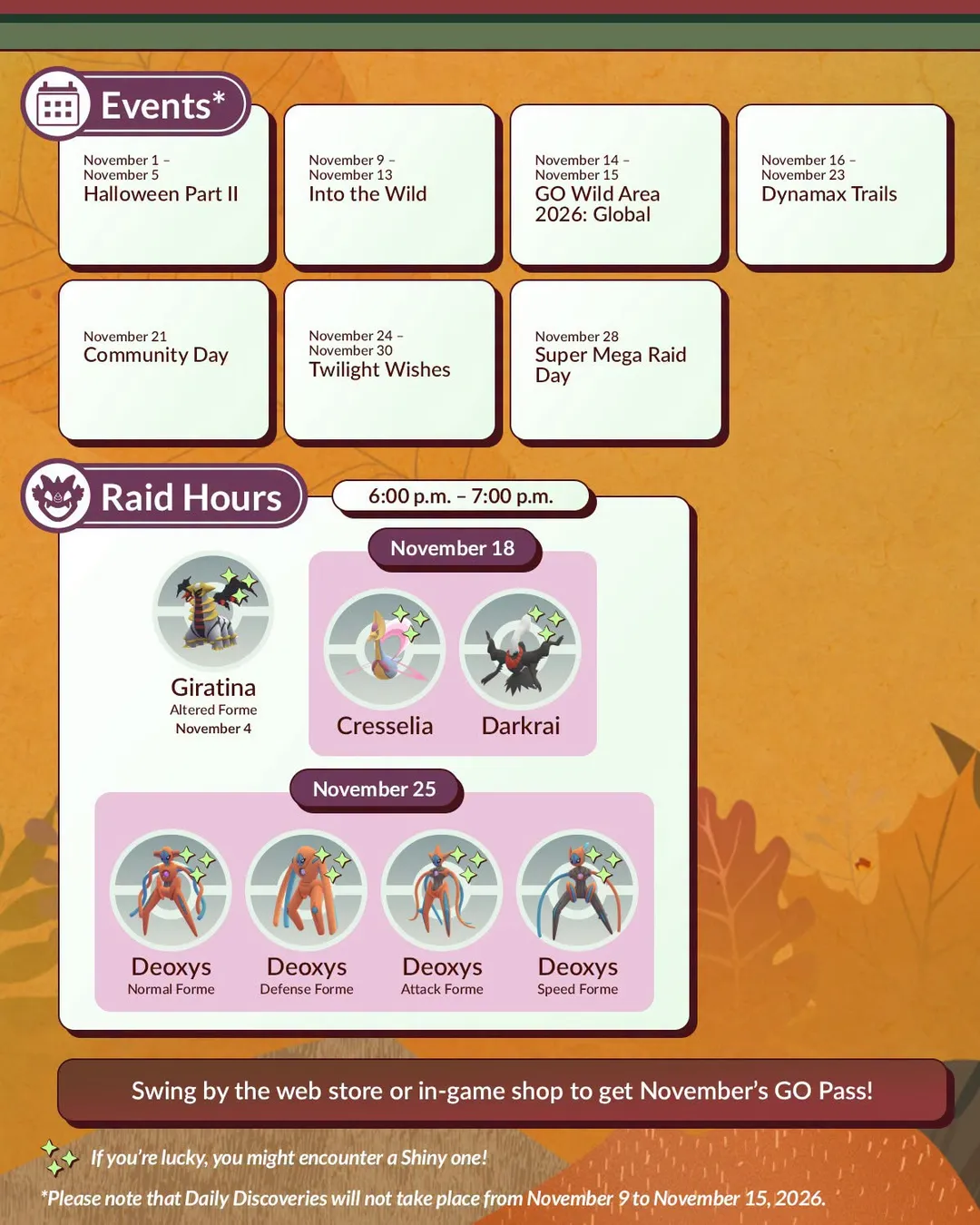 Official November graphic listing the seven events from Halloween Part II to Super Mega Raid Day, and Raid Hours from 6:00 to 7:00 p.m. for Altered Forme Giratina on November 4, Cresselia and Darkrai on November 18, and all four Deoxys Formes on November 25