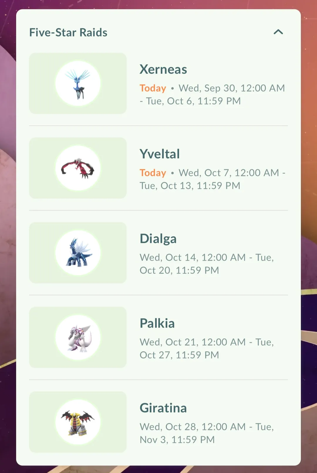 In-game Five-Star Raids list showing Xerneas until October 6, then Yveltal from October 7 to 13, Dialga from October 14 to 20, Palkia from October 21 to 27, and Giratina from October 28 to November 3