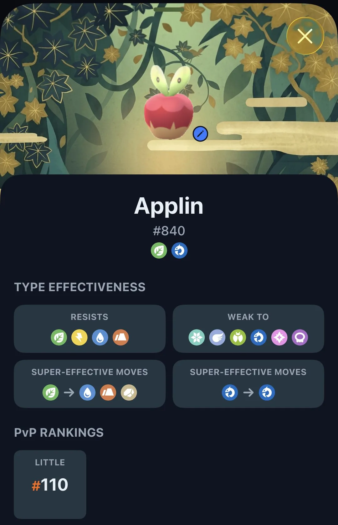 GoDex detail screen for Applin, number 840, showing its Grass and Dragon typing, resistances and weaknesses, a Little Cup PvP ranking of 110, and the IV entry section