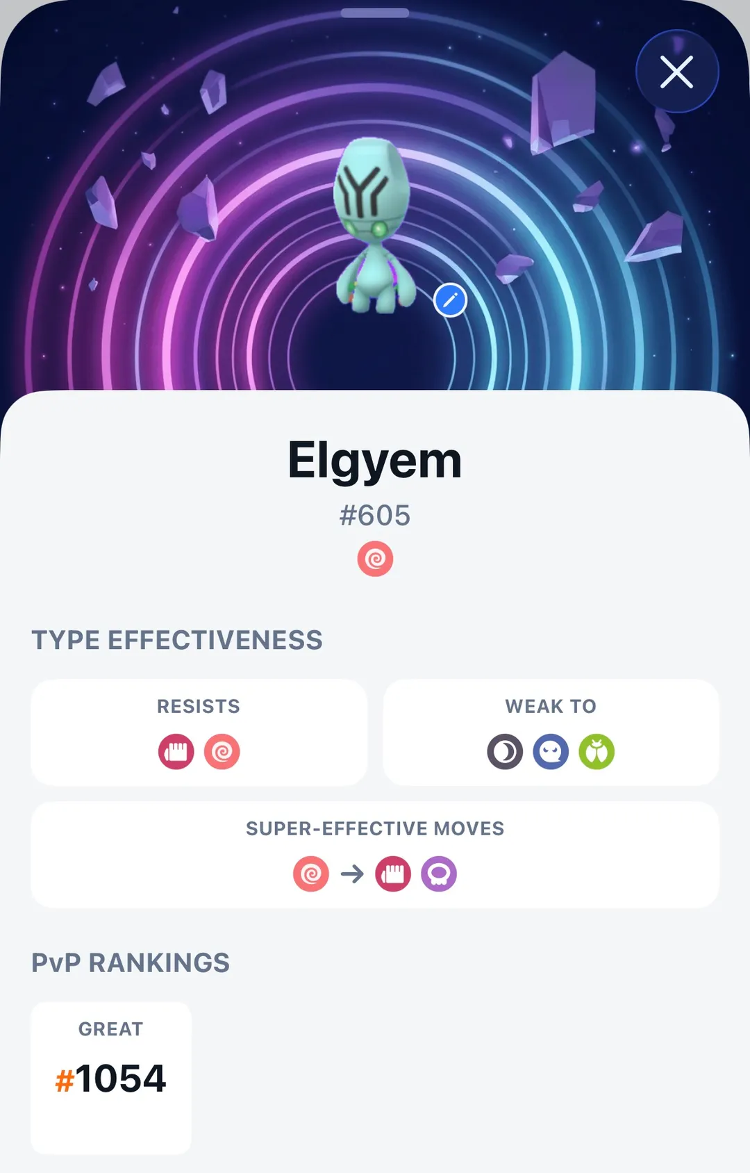 GoDex detail screen for Elgyem, number 605, with a captured photo, its Psychic typing, resistances and weaknesses, and a Great League ranking