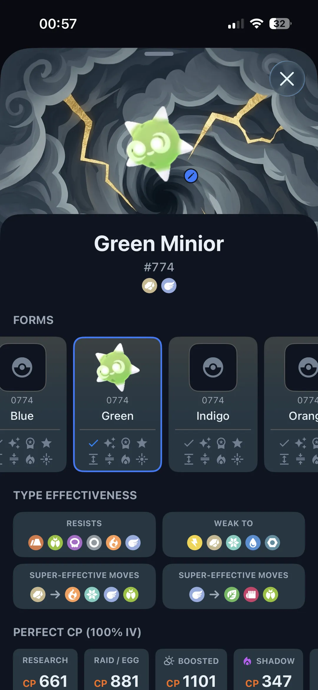 GoDex details screen for a caught Green Minior, with its photo, the Green core checked off in the Forms row next to Blue, Indigo, and Orange, plus Rock and Flying type effectiveness