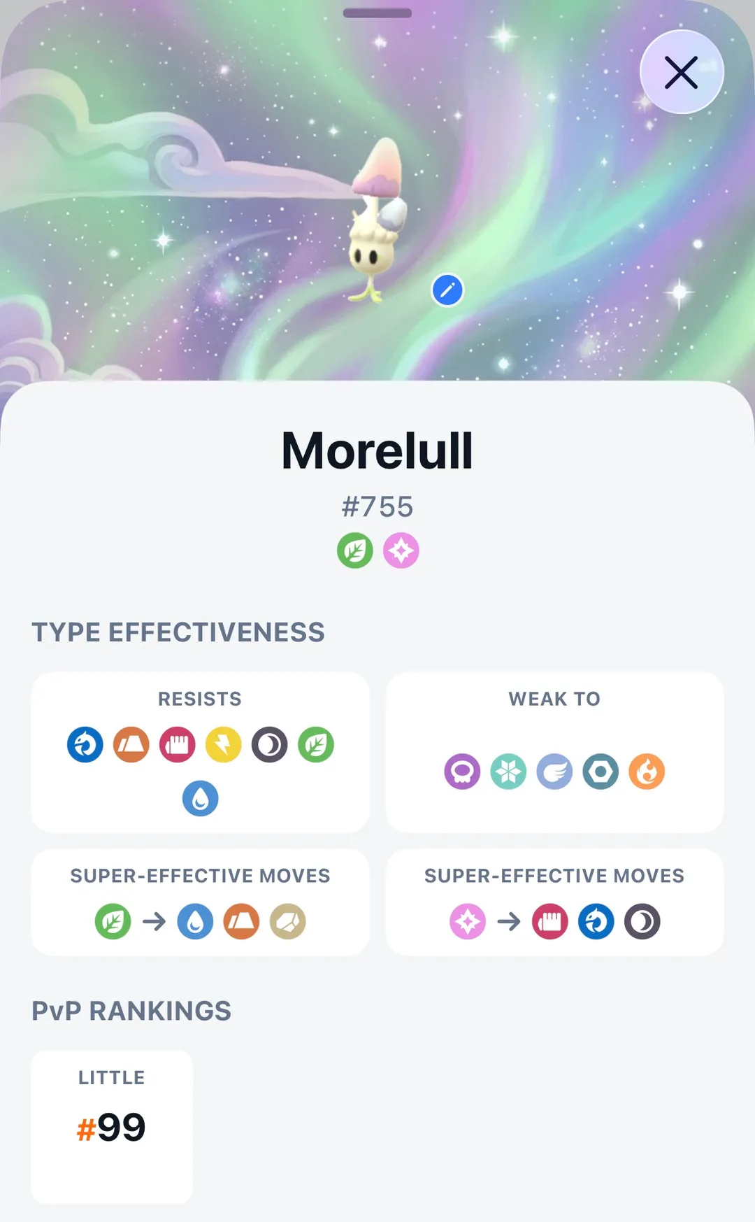 GoDex detail screen for Morelull, number 755, with a captured photo, its Grass and Fairy typing, resistances and weaknesses, and a Little Cup ranking