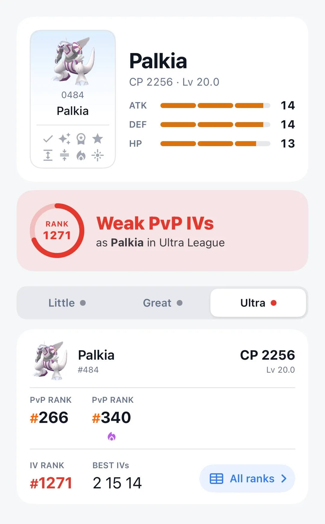 GoDex scan result for a Palkia at CP 2256, Level 20, with 14 Attack, 14 Defense and 13 HP, flagged Weak PvP IVs at rank 1271 in Ultra League