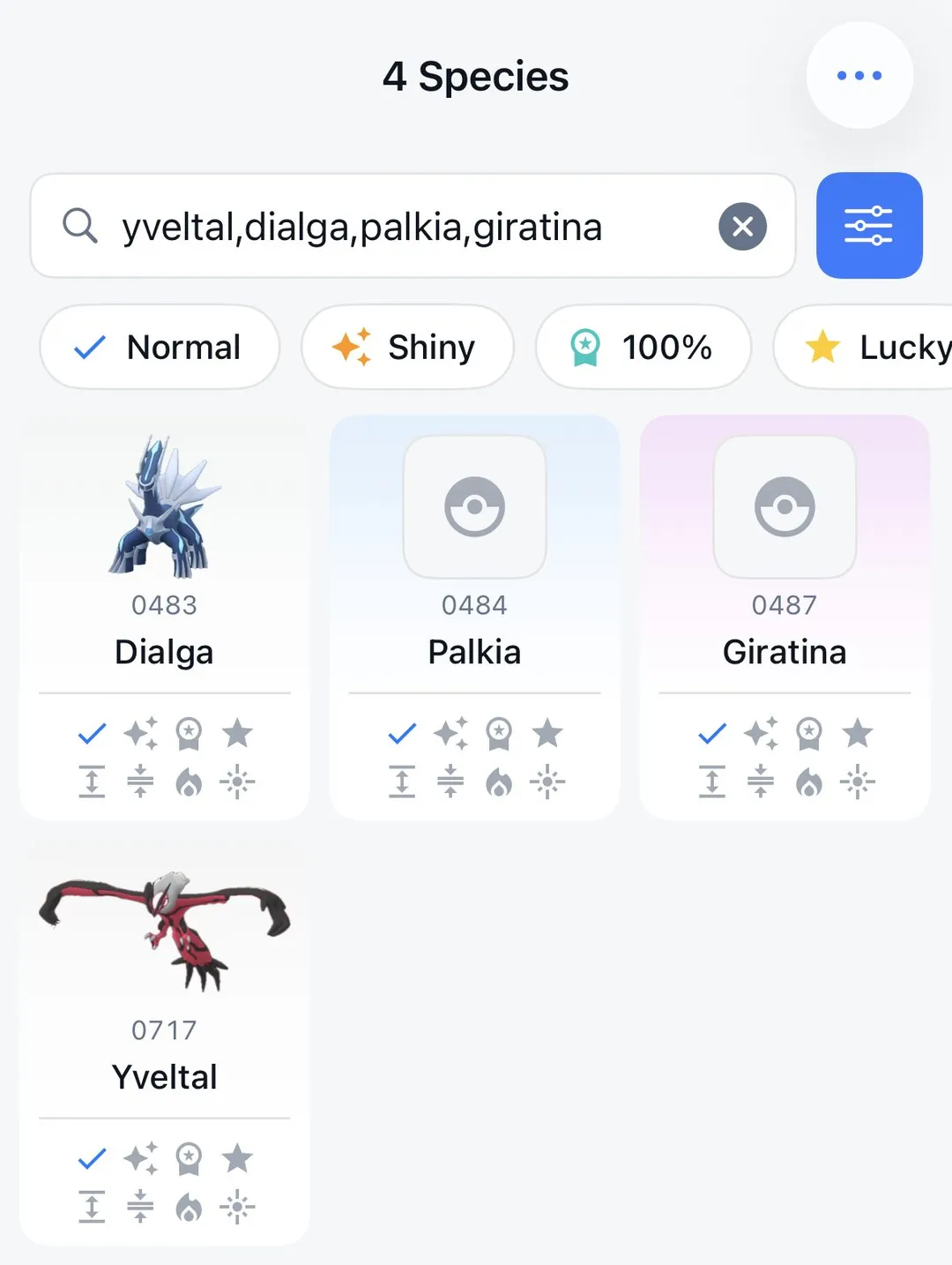 GoDex species list filtered to Dialga, Palkia, Giratina, and Yveltal, with Normal, Shiny, 100%, and Lucky filters