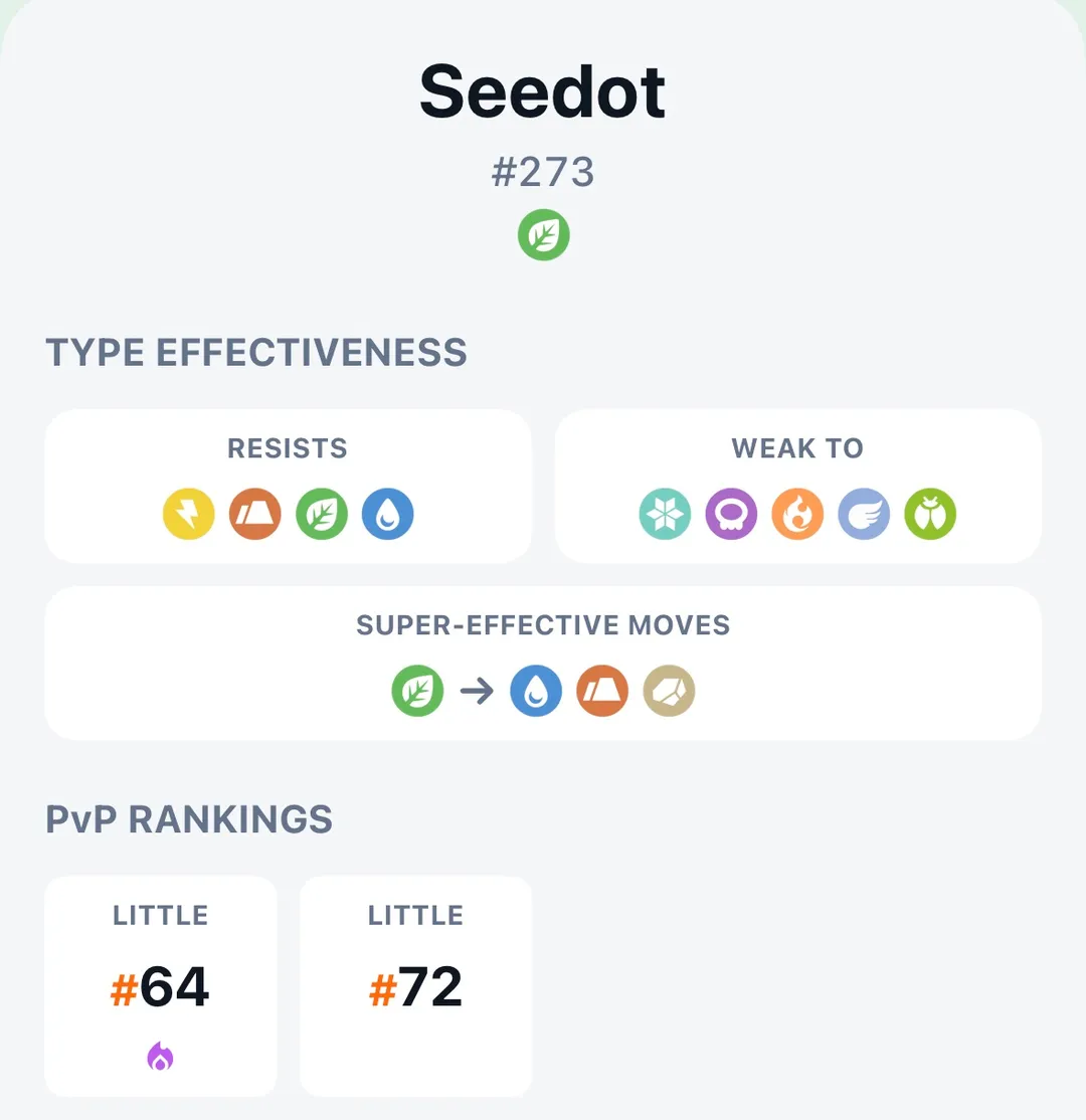 GoDex detail screen for Seedot, number 273, showing its Grass typing, resistances and weaknesses, and Little Cup PvP rankings of 64 for Shadow Seedot and 72 for regular Seedot