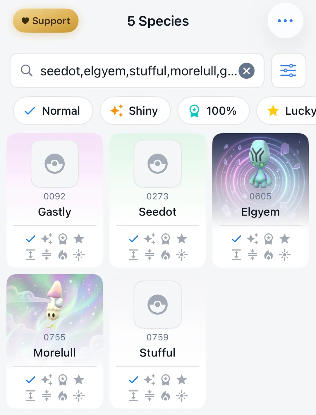 GoDex species list filtered to Gastly, Seedot, Elgyem, Morelull, and Stufful, with Normal, Shiny, 100%, and Lucky filters