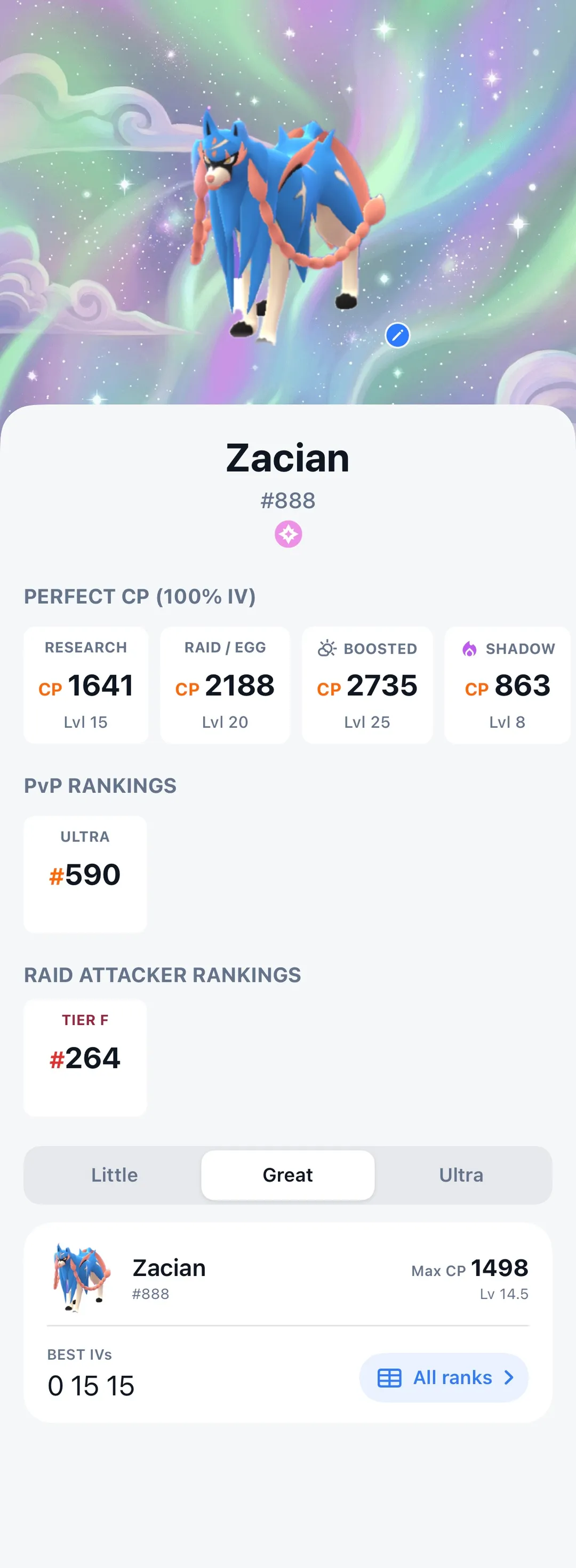 GoDex Zacian detail screen showing Perfect CP at 100% IV: 1641 for research, 2188 for raid or egg at Level 20, 2735 boosted at Level 25, and 863 as a Shadow
