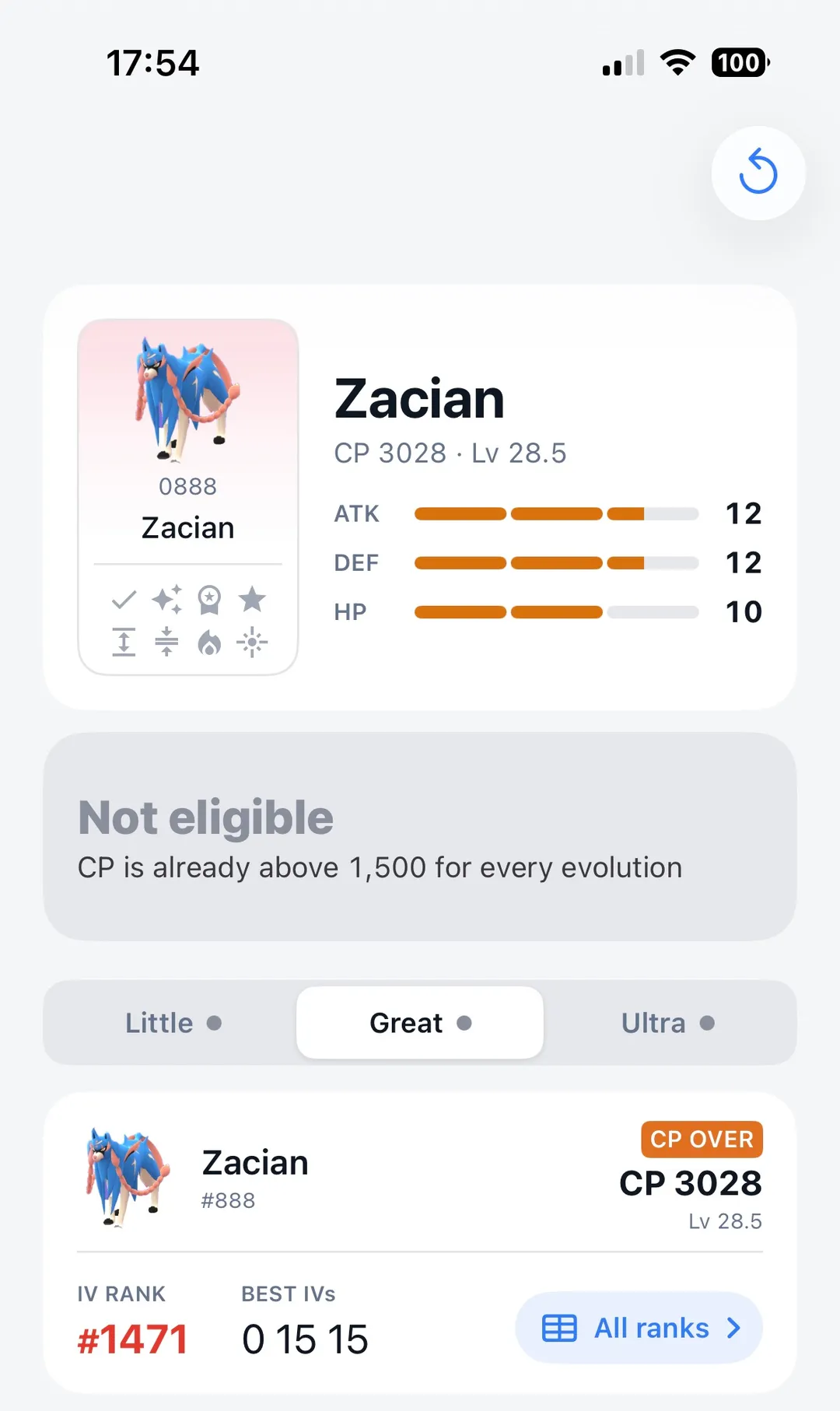 GoDex scan of the same Zacian showing CP 3028, Level 28.5, and IVs of 12 Attack, 12 Defense, and 10 HP, marked not eligible for Great League