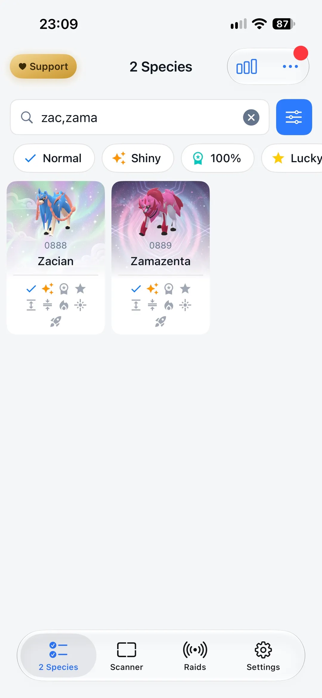 GoDex Pokédex search for zac,zama showing the Zacian and Zamazenta cards with Normal, Shiny and other variant badges