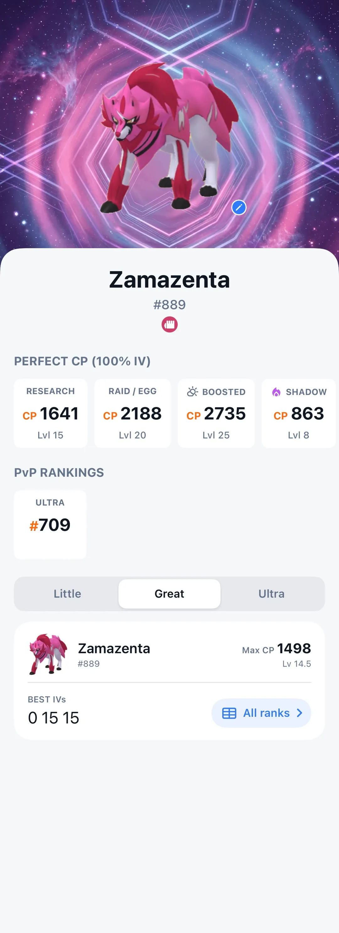GoDex Zamazenta detail screen showing Perfect CP at 100% IV: 1641 for research, 2188 for raid or egg at Level 20, 2735 boosted at Level 25, and 863 as a Shadow
