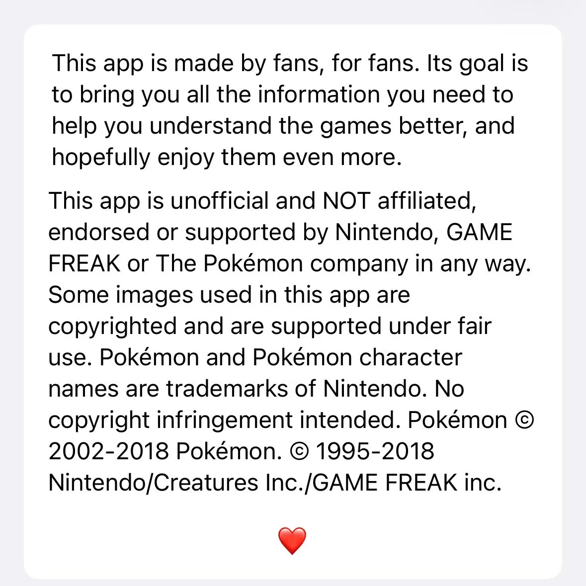 Pokémon fan app screenshot showing official artwork