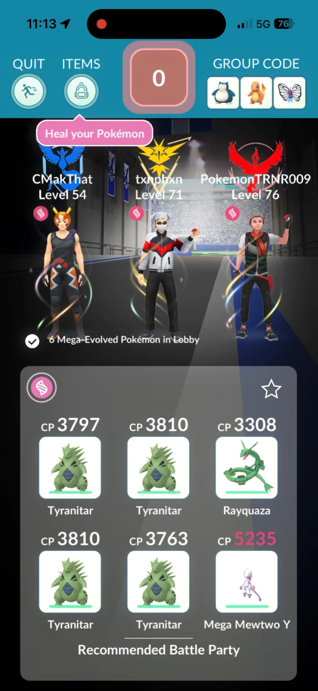 Raid lobby showing 6 Mega-Evolved Pokémon in Lobby and a recommended battle party including Mega Mewtwo Y