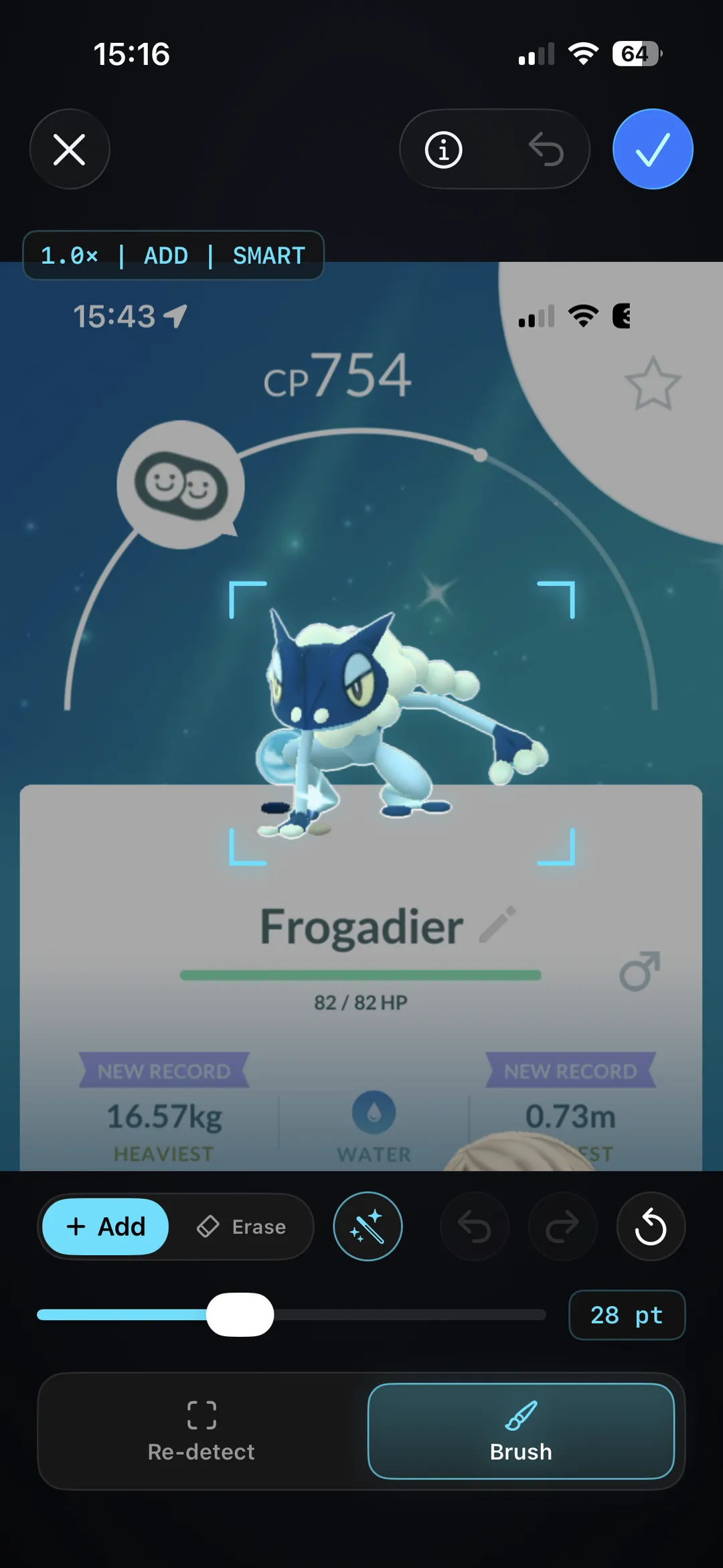 GoDex mask editor mid brush-stroke, refining the cutout edge on a caught Frogadier