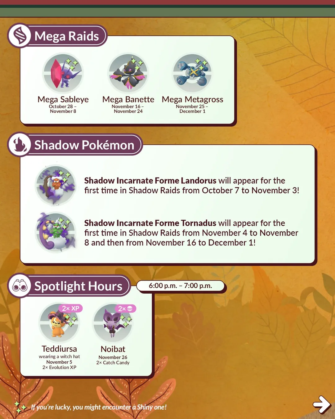 Official November graphic showing Mega Raids for Mega Sableye, Mega Banette, and Mega Metagross, first-time Shadow Raids for Incarnate Forme Landorus and Tornadus, and Spotlight Hours for witch hat Teddiursa on November 5 and Noibat on November 26