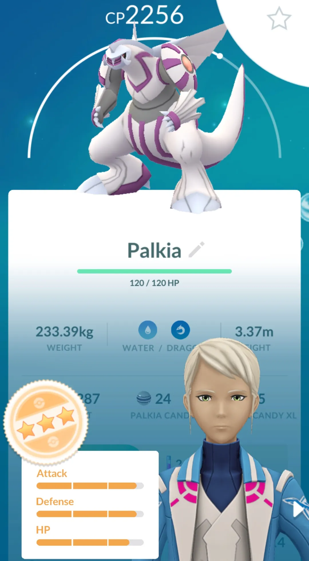 In-game appraisal of a three-star Palkia at CP 2256 with nearly full Attack and Defense bars and a slightly lower HP bar