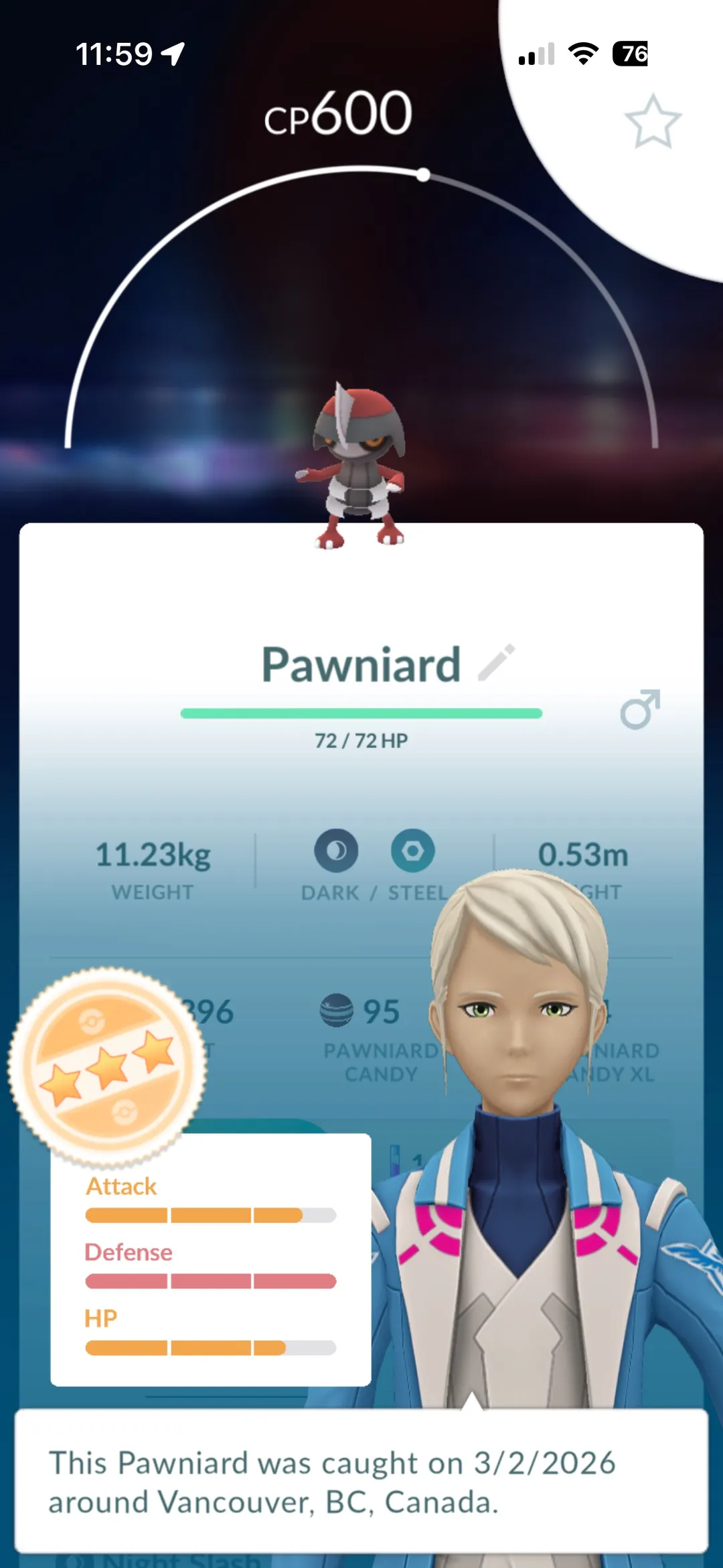 In-game appraisal of a three-star Pawniard at CP 600 with full Defense and nearly full Attack and HP bars, and 95 Pawniard Candy