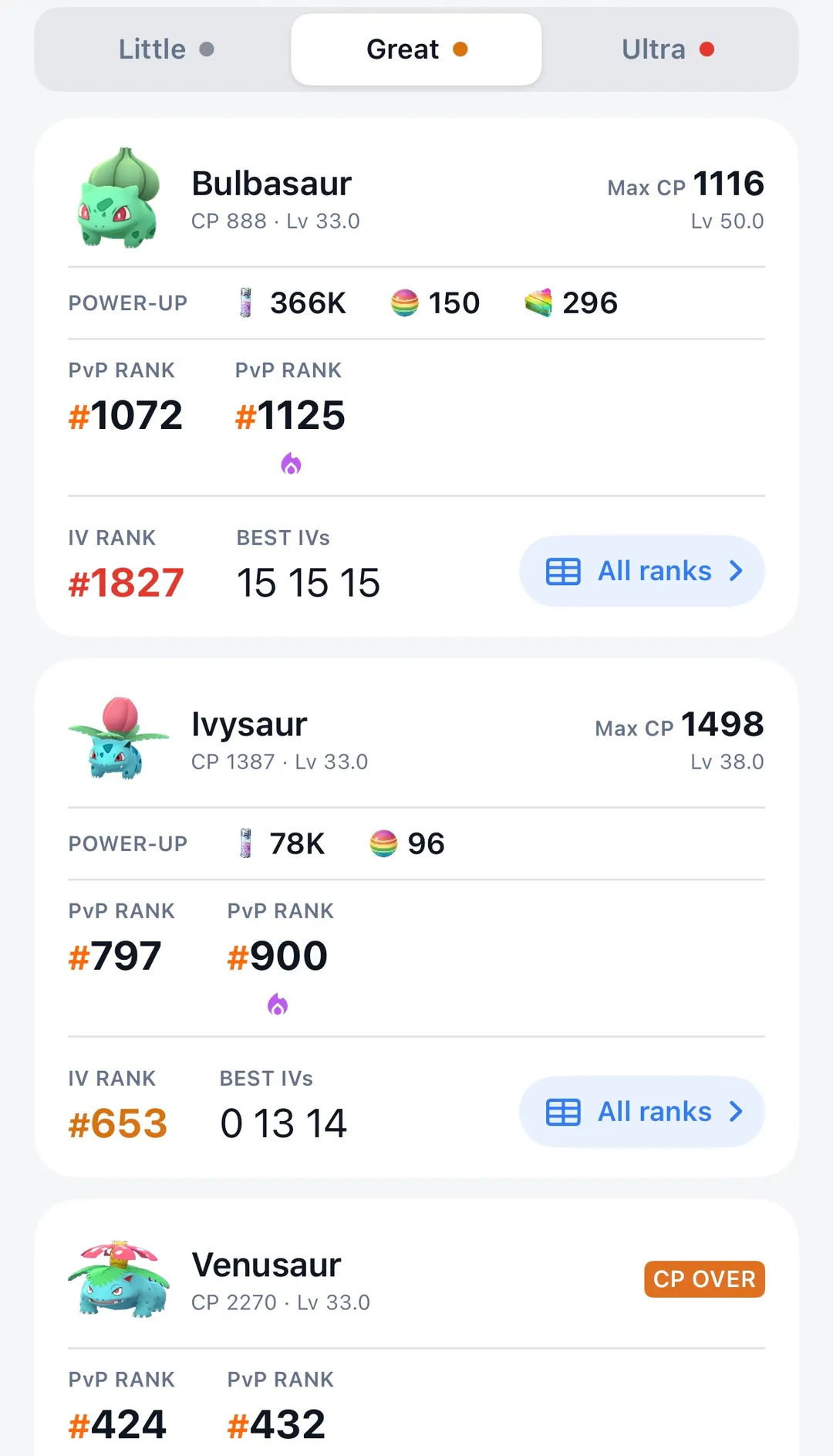 GoDex Great League evolution cards for a level 33 Bulbasaur, showing Max CP, power-up costs in stardust, candy and XL candy, and a CP OVER tag on Venusaur