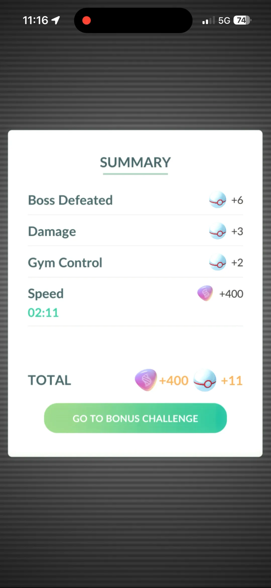 Raid results summary screen showing Speed at 400 Mega Energy and a total of 400 Mega Energy plus 11 Poké Balls