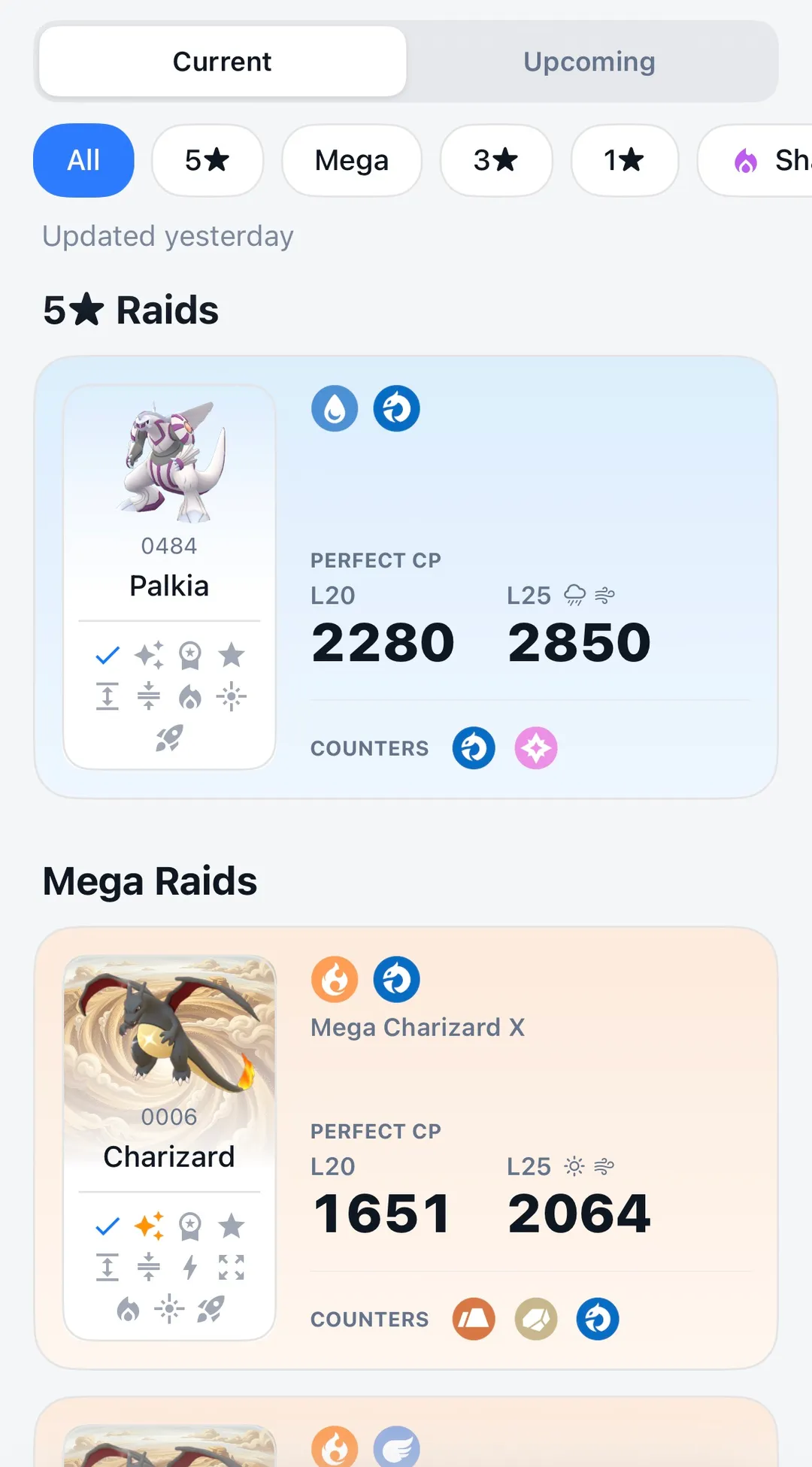 GoDex Raids tab showing Palkia in 5-star raids with perfect CP 2280 at level 20 and 2850 at level 25, and Mega Charizard X in Mega raids