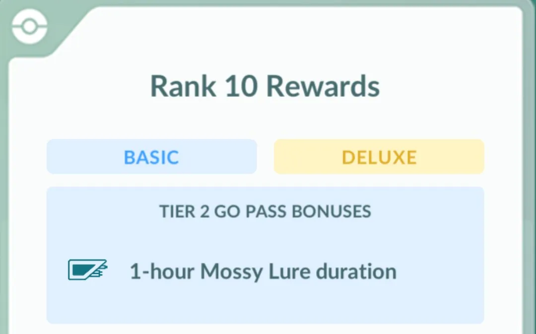 GO Pass Rank 10 Rewards screen listing a Tier 2 GO Pass bonus of 1-hour Mossy Lure duration, on the Basic track