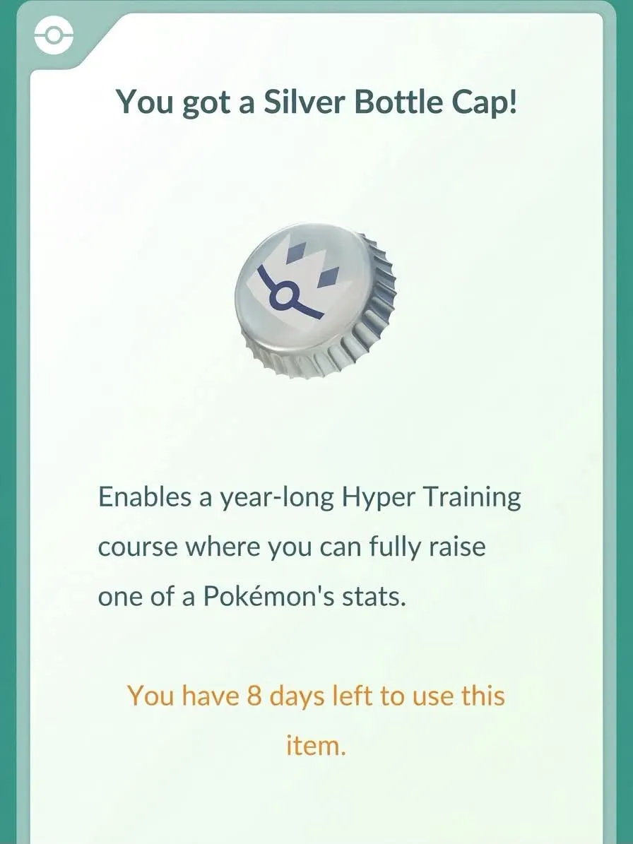 Pokémon GO reward screen reading You got a Silver Bottle Cap, describing a year-long Hyper Training course that fully raises one stat, with a countdown of days left to use the item