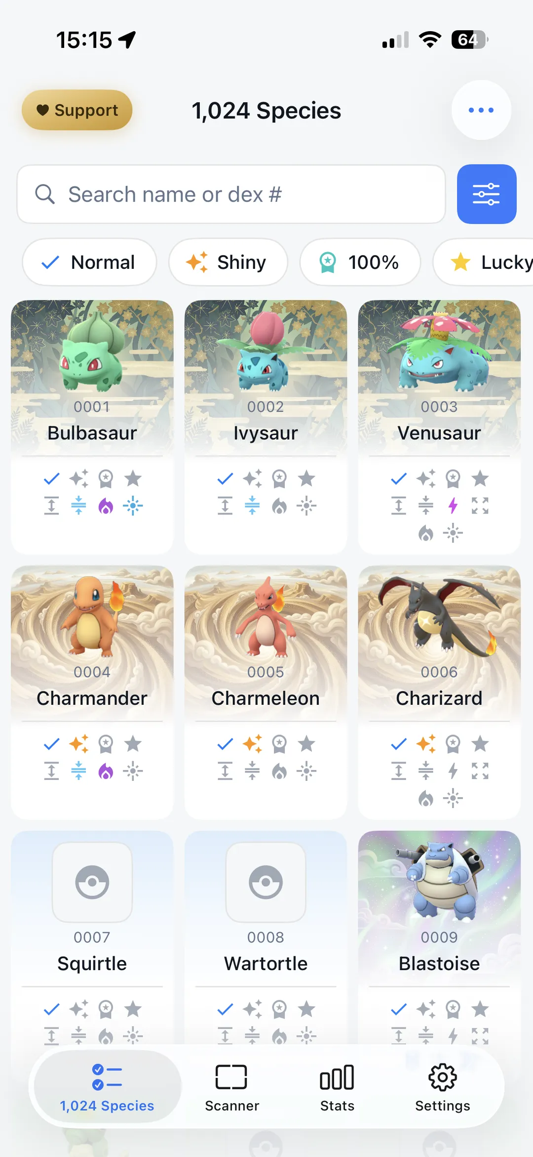 GoDex species list showing the full 1,024-species dex grid with filter chips for Normal, Shiny, 100%, and Lucky