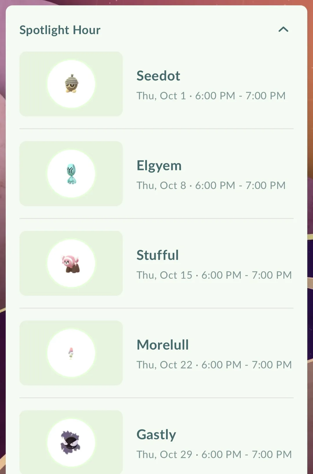 In-game Spotlight Hour list showing Seedot on October 1, Elgyem on October 8, Stufful on October 15, Morelull on October 22, and Gastly on October 29, each from 6:00 to 7:00 PM