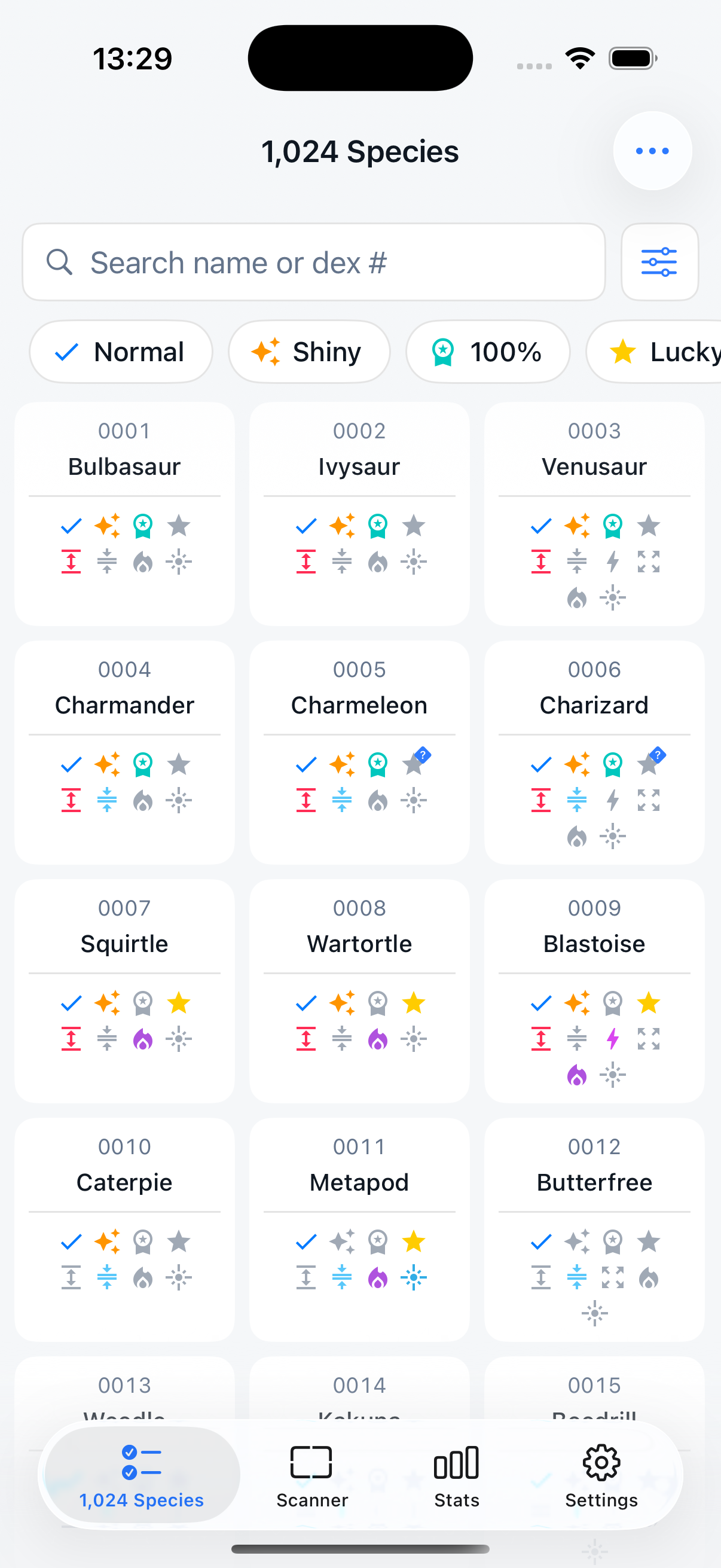 GoDex Pokémon collection screen