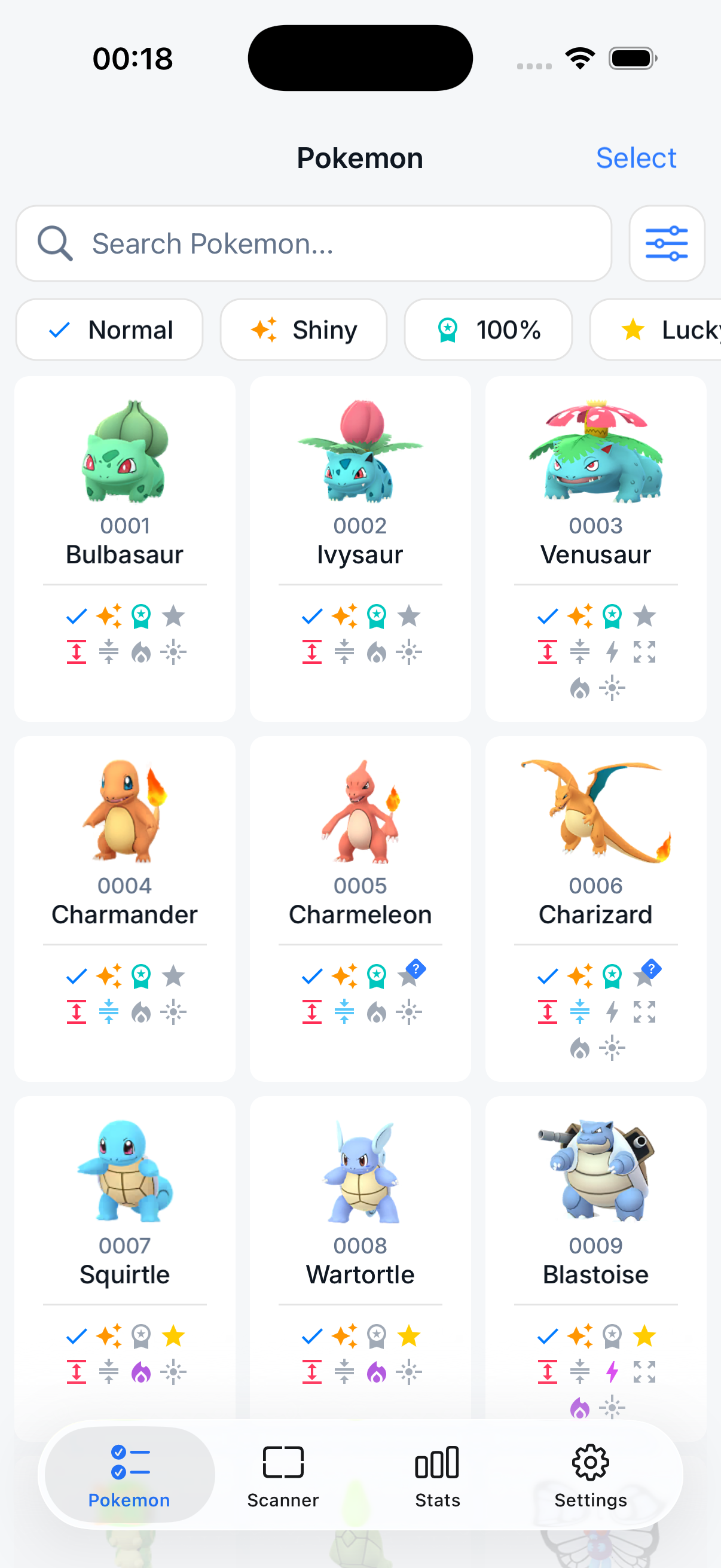 GoDex Pokémon collection screen