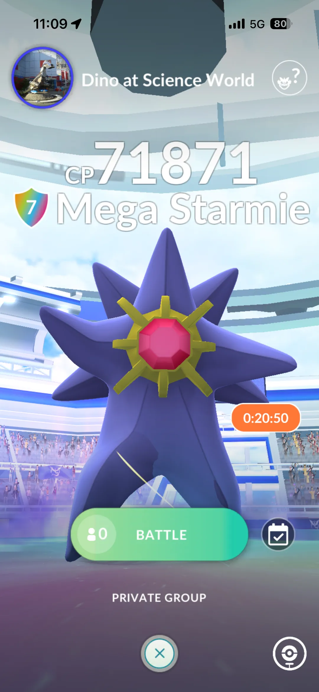Mega Starmie raid boss card showing 71,871 CP and a rainbow shield icon with the number 7