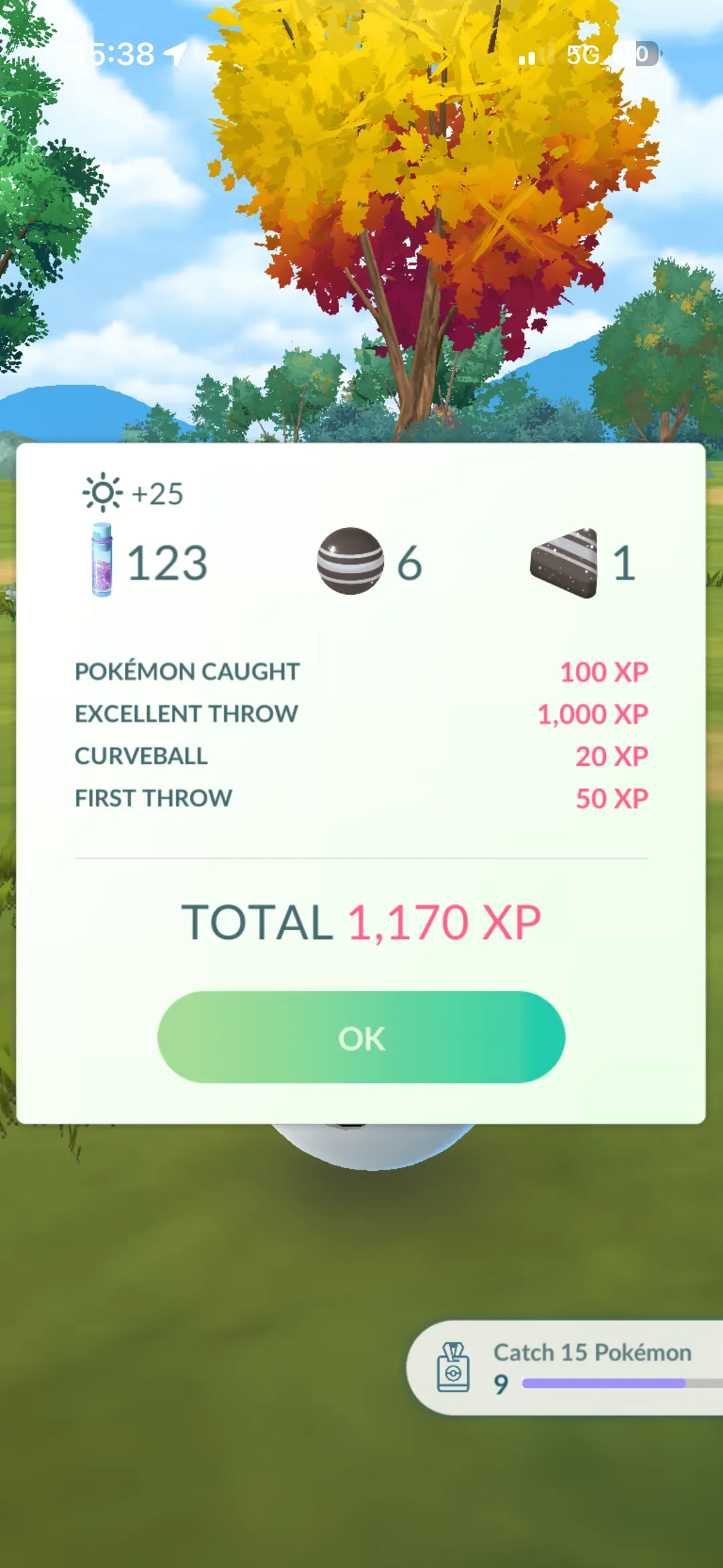 Post-catch XP breakdown showing Excellent Throw, Curveball, and First Throw bonuses