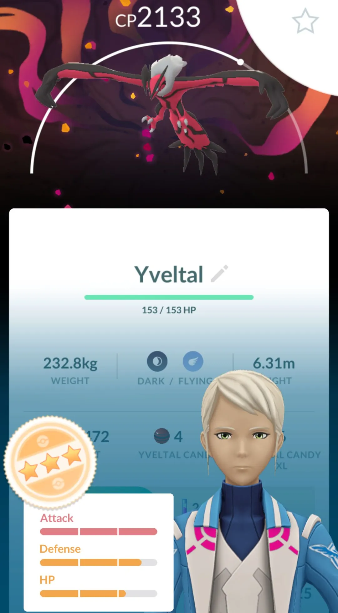 In-game appraisal of a three-star Yveltal at CP 2133 with full Attack and slightly lower Defense and HP bars
