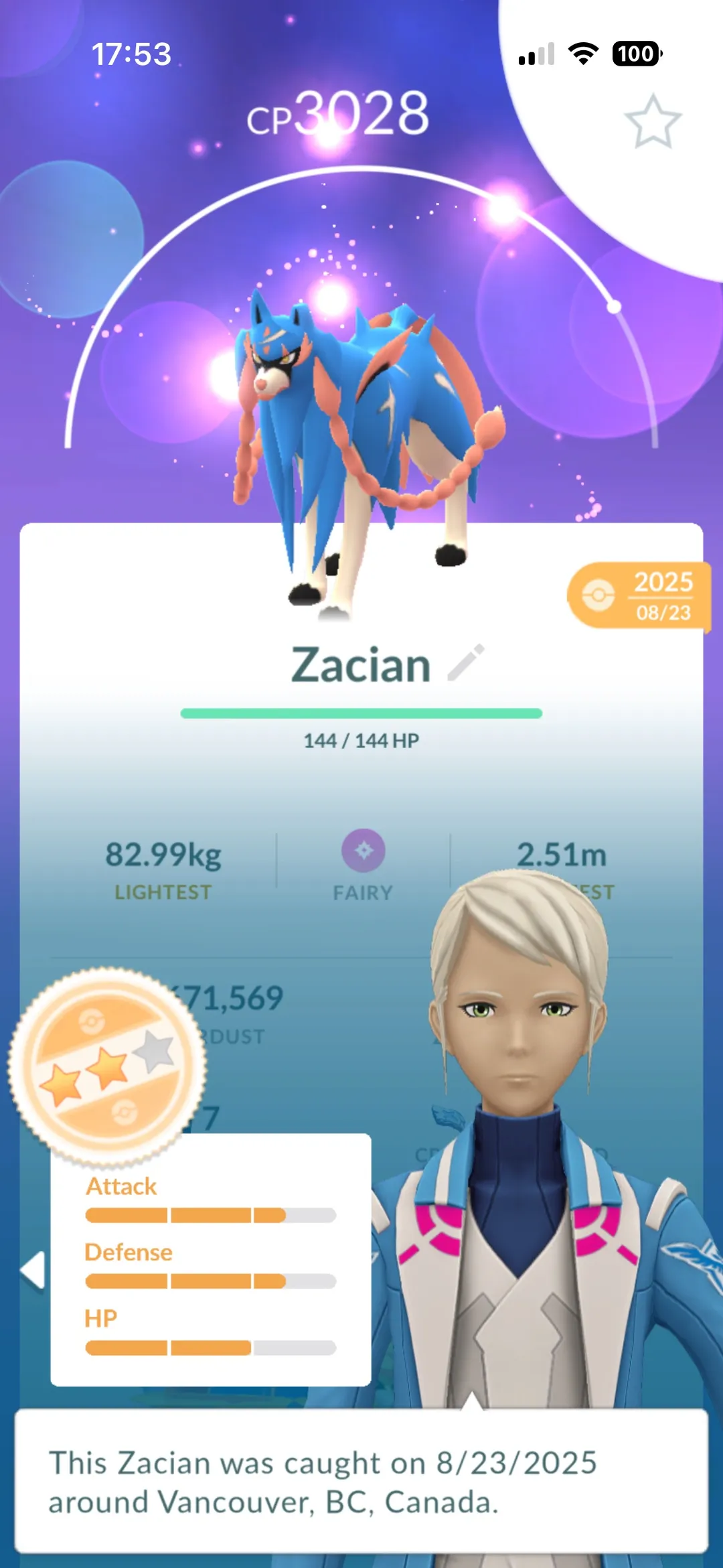 Pokémon GO appraisal of a 3,028 CP Hero of Many Battles Zacian at two stars, with the HP bar visibly shorter than Attack and Defense