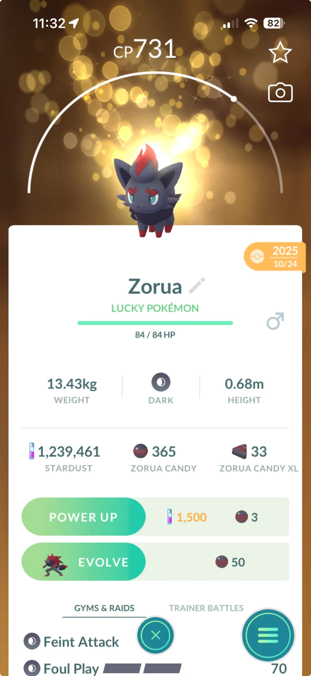 Zorua detail screen in Pokémon GO showing the 50 Candy evolve cost